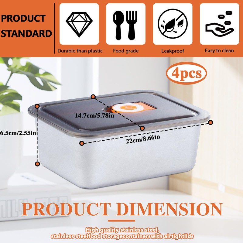 Betinyar 4pcs Stainless Steel Food Containers with Lids, Reusable Food