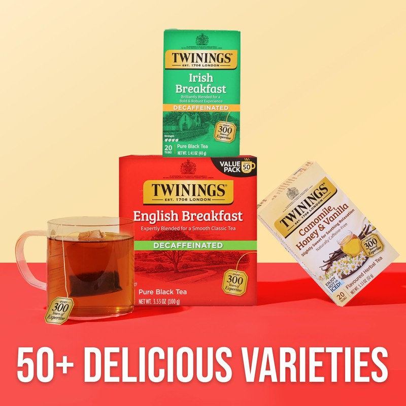Twinings Decaffeinated Irish Breakfast Black Tea Individually Wrapped Bags, 20