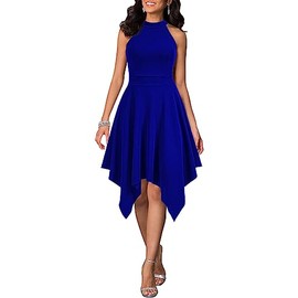 WOOSEA Women's Sleeveless Halter Neck Formal Dress Hem Asymmetrical A Line Party Cocktail Dress Royal Blue