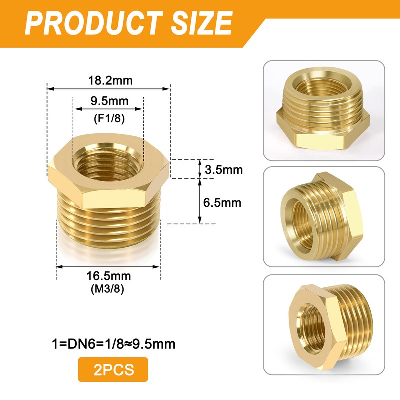 Brass Reducer, 3/8 Inch Male Thread x 1/8 Inch Female
