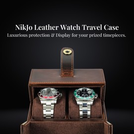 Nik Jo Dual-Opening Leather Watch Box with Detachable Cushions – Stylish Travel Watch Case for 2 Watches - Magnetic Snap Closure, Brown