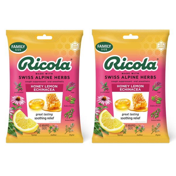 Ricola Honey Lemon Herbal Cough Suppressant Throat Drops, 45ct Bag (Pack of 2)