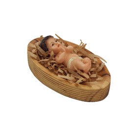 Olive Wood Gifts Shop Handcrafted Gypsum Baby Jesus (2.3 Inch) Laying in Olive Wood Manger (3.3 Inch), Carved by Talented Artists in Bethlehem (N01)