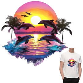 Pink Dolphin Sunrise Beach Iron On Transfers for T-Shirts Rub on Transfers Stickers Vinyl Ready to Press Stickers Iron on Decals for T-Shirts Clothing Hoodie DIY Crafts