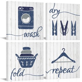 HOMEOART Laundry Room Decor Blue Pictures Wash Dry Fold Laundry Signs Laundry Decor Wall Art Framed 12inchx12inchx4 Piece (Light Grey)