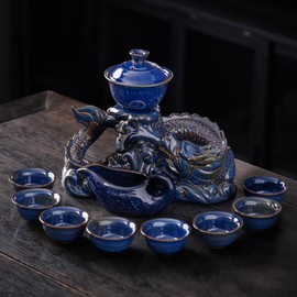 Zurucily Ceramic Teapot with 8 cups (Dark Blue Dragon-D)