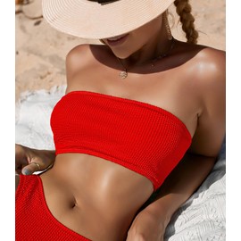 YIMISAN Women's Ribbed Strapless Bandeau Bikini Top Padded Tube Bathing Suit Top Red