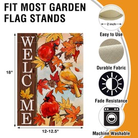 Artofy Welcome Fall Cardinal Small Decorative Garden Flag, Autumn Red Bird Maple Leaves Branch Yard Lawn Outside Decor, Pine Cone Farmhouse Rustic Burlap Outdoor Home Decoration Double Sided 12 x 18