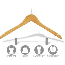 Wood Security Combo Hanger w/Adjustable Cushion Clips & Anti-Theft Nail Hook, (Box of 100) 17 Inch Flat Wooden Hangers w/Natural Finish & Notches by The Great American Hanger Company