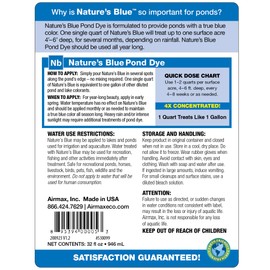 Airmax Nature's Blue Pond Dye 4X Concentrate for Outdoor Ponds & Lakes, Natural Pond Color & Beauty Enhancer, Swimming Safe Water Colorant, Easy Liquid Application, 1 Quart