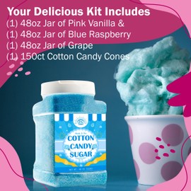 Cotton Candy Floss Sugar Package of 3ct-(Pink Vanilla and Blue Raspberry)-3lb Each Flavor- (3ct-3lb Jars) (3lb Jars with 100 Cones)