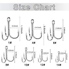 Silver Treble Fishing Hook Triple Barbed Hook Strong Round Bend Treble Hooks, 100PCS Wide Gap High Carbon Steel Hooks for Lures Baits Size 1#-14# Sliver