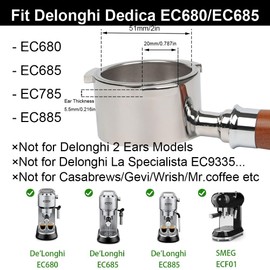 CAPFEI Bottomless Portafilter 51 mm Only Compatible with DeLonghi Dedica EC680/EC685/EC885 with 3 Ears and Wooden Handle | Filter Basket 0.3 mm Pores | Bonus 51 mm Puck Screen