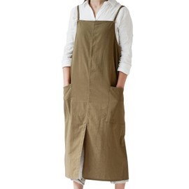 Small snail Japanese Style Apron Adjustable Waterproof Cotton Linen Women Pinafore with Big Pockets for Flower Shop Cafe Crafting Baking Casual Solid Color Aprons, Turmeric