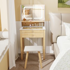 LOKO Small Vanity Desk with Light & Mirror, Makeup Table with 3 Light Modes, Power Outlets & Glass Tabletop, Dressing Table and Cushion Stool with Drawers, Open Shelf for Small Space Bedroom, White