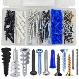 Wensilon (180PCS) Blue Black White Plastic Drywall Anchors,Zinc Alloy Anchors, Wall Anchors Assortment Kit for Concrete Wall,Drywall