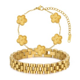 YOQ Stackable Four Leaf Clover Bracelets for Women, 18K Gold Plated Bangle Bracelets Set, 2 Pcs Charm Jewelry Gifts (Gold)