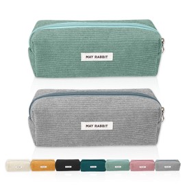 JOZMMZEOOA Pack of 2 Pencil Cases, Corduroy Fabric, Washable Pencil Case, Portable Pencil Case, Aesthetic Pencil Case with Practical Zip, for Students, Teenagers, Grey, grass green, pencil case