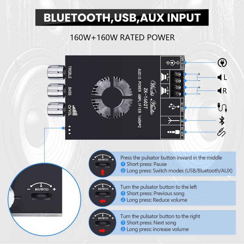 Arrarown Audio Amplifier Board, ZK-1602T Bluetooth 5.0 Power Amp for