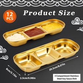 Maxcheck 12 Pcs Soy Sauce Dish Stainless Steel Divided Dip Bowls Korean 3 Compartment Sauce Plate Seasoning Dipping Condiment Tray for BBQ Vinegar Spice Salt Sugar Flavor Home Restaurant (Gold)