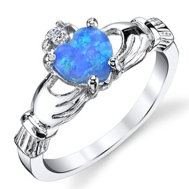 Sterling Silver 925 Irish Claddagh Friendship & Love Ring with Blue Simulated Opal Heart 9