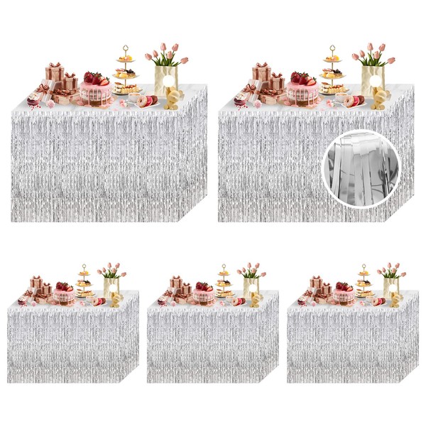 5 Pack Silver Foil Fringe Table Skirt, 29 x 108