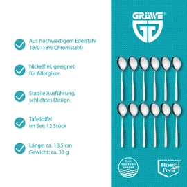 GRÄWE Königstein Table Spoons, 18.5 cm, Soup Spoons Made of Stainless Steel, Pack of 12, Hand Polished, Dishwasher Safe