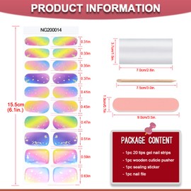 WOKOTO 20 Pcs Aurora Colorful Semi Cured Gel Nail Strips with Nail File & Wooden Stick Rainbow Gradient Color Semicured Nail Polish Strips Uv Gel Nail Polish Stickers Full Nail Wraps for Women