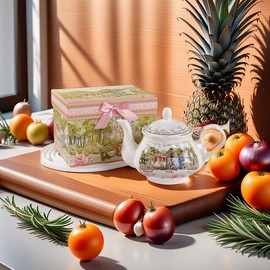 ROSSRORE Ancient Castle Tea Set - Strengthened Bone China Teacup & Saucer Sets, London Floral Wedding Carriage Theme, Luxurious & Elegant Gift Box Packaging British Floral Teapot Set 900CC