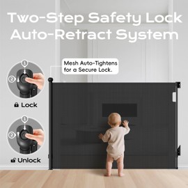 BBsecure Retractable Baby Gate for Stairs, 55" Wide 38" High Pet Gate with Auto-Retract System, One-Hand Operation, Mesh Baby Gate for Doorways, Hallways, Decks, Indoor & Outdoor, Black