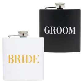Paquete de 2: paquete de frascos – novia (letras en bloque, blanco) y novio (letras en bloque, negro)
