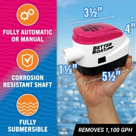Better Boat Automatic Bilge Pump, 1100 GPH 12V Submersible Pump with Built-In Float Switch, 1 1/8 Inch Outlet, Compatible with Bass Boats, Jon Boats, and More