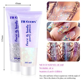 Body Glitter Gel 2 x 50 ml Set, PAMIYO Festival Glitter Face Mermaid Sequins Chunky with Brush, Long Lasting Glitter Powder for Festival Masquerade Birthday Makeup Outfit Women (White + Silver)