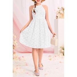 HOSIKA Girls Birthday Party Dresses Elegant Halter Neck Sleeveless Floral Lace Girls Dress for Kids 6-12 Years White L