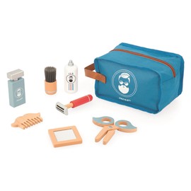 JANOD J06552 Barber Case for Children, 7 Wooden Accessories + Case Roll Toy, Develops the Fantasy Wooden Toy from 3 Years, Blue, 21 x 13 x 13 cm