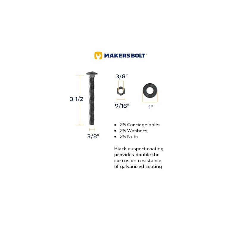 3/8" x 3-1/2" (25 Pack) Black Carriage Bolt Kit, Grade