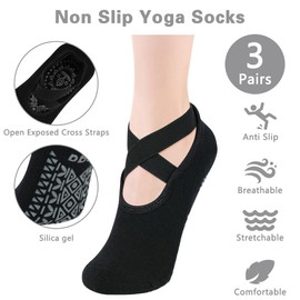 flintronic Yoga Socks, 3 Pairs Non-Slip Pilates Socks with Straps, Cotton Five Toe Grip Socks for Pilates, Ballet, Barre, Barefoot Workout, Dance - Sweat Absorption, Black