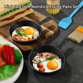 OMISTAR 6 Pcs Cast Iron Frying Pans Set, Includes Spatula, Oil Brush, and Scrub Brush, 4" Cast Iron Skillets, Mini Nonstick Frying Pans, Small Plate Egg Pans for Indoor Outdoor Kitchen