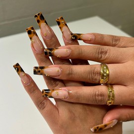 MERVF Long Square Press on Nails Leopard French Tip Orange Brown Fake Nails Cheetah Print Design Glue ons Gold Bead Acrylic Fall False Nail Glossy 24pcs