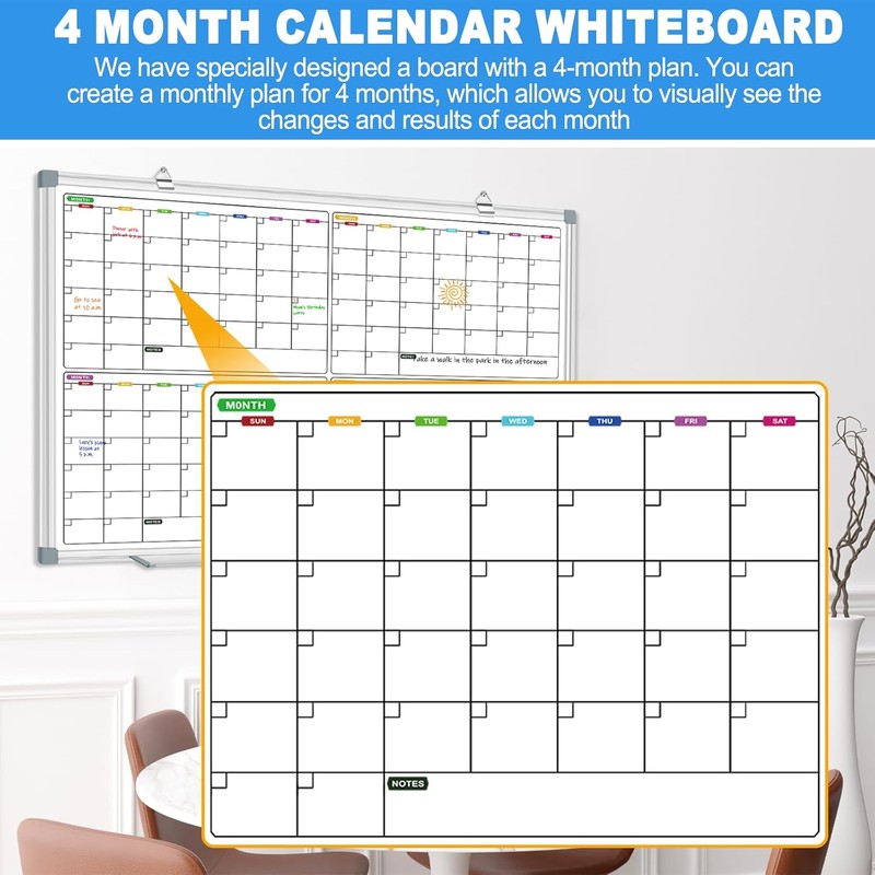 Calendar Whiteboard for Wall 36" x 24", 4 Month Magnetic