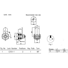Lock Connection Tubular Micro Camlock 12mm Drawer lock & 2 Keys