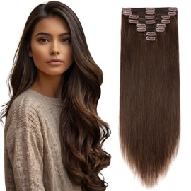 Elailite Double Weft Human Hair Extensions Clip in Real Remy Natural Hair - 8 Pieces Thick Full Head Straight - #4 Medium Brown - 18 Inch (140 g)