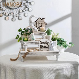 Hanobe Wooden Display Risers Decorative: Set of 3 Wood Whitewashed Pedestal Stand Tiered Tray Rectangle Farmhouse Decor for Tabletop Counter Vintage Riser with Beaded Kitchen Decor