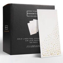 Stylish Gold Linen Feel Disposable Napkins, 100 White and Gold Napkins, 8.5x4.25 Inch Gold Dinner Napkins, Disposable Chrismtas Paper Dinner Napkins, Soft and Absorbent Gold Holiday Napkins