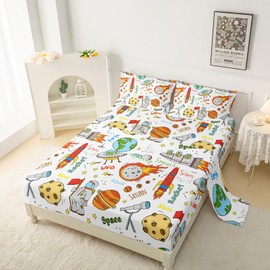 QOOMO Astronaut Kids Sheet Set Twin Size, Cartoon Rocket Bed Sheets for Boys,4 Piece Space Printed Microfiber Breathable Cooling Bed Sheets Deep Pocket, 1 Fitted Sheet, 1 Flat Sheet, 2 Pillow Cases