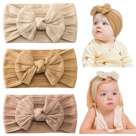 jollybows Baby Girl Headband Bows Nylon Head Wraps Newborn Hairbands Infant Toddler Hair Bow (2- Khaki Ginger Beige)
