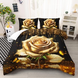 Ntlfup Rose Bedding Set for Girls Women, Twin Size Rose Floral Flower Butterfly Comforter, Golden Black Romantic Quilt Gift for Couple Lover, Room Decor for Valentine's Day