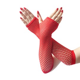 Dzrige Fingerless Fishnet Gloves Fishing Net Stretch Long Gloves Triangle Net Fingerless Gloves Women's Fingerless Mesh Gloves Fancy Dress Party Costume Accessories Supplies (Red)
