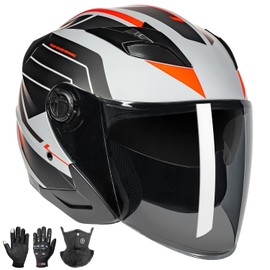 Casco de motocicleta de cara abierta 3/4 para hombres y mujeres, aprobado por el DOT, casco de carreras de bicicleta de calle con doble visera y guantes