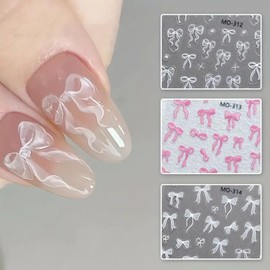Bow Nail Art Stickers 5D Embossed Bow Nail Decals 3PCS Pink White Bowknot Cute Ribbon Bow Tie Design Nail Adhesive Sliders Kawaii Manicure Accessories for Women Girls DIY Nail Art Decorations Supplies